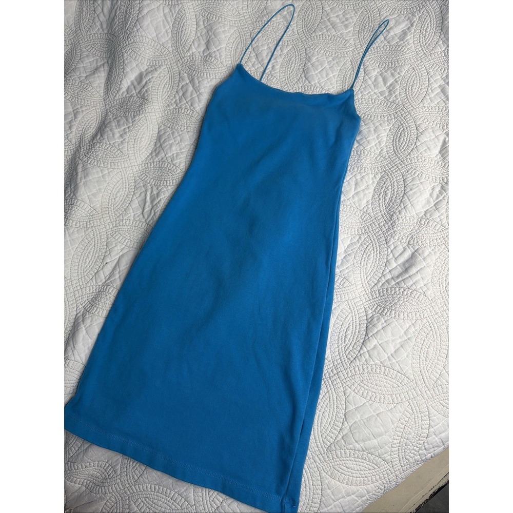 ZARA Women's Bodycon Dress Size S Blue Spaghetti Strap Fitted Midi Stretch